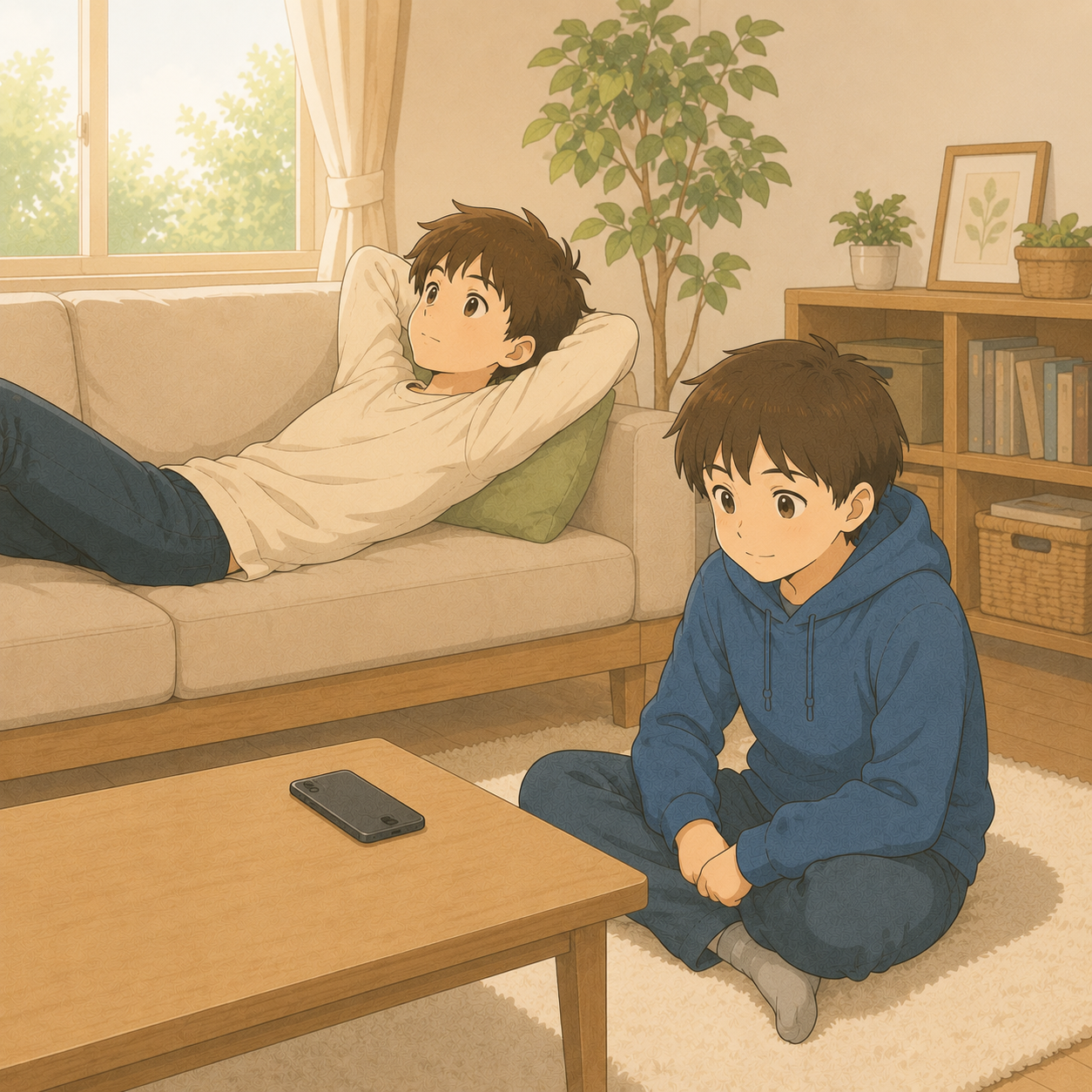 留守番中の兄弟。テーブルに携帯を置いている