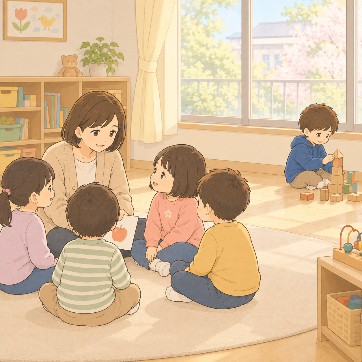 園の部屋。輪から離れて一人で積み木を楽しむ男の子