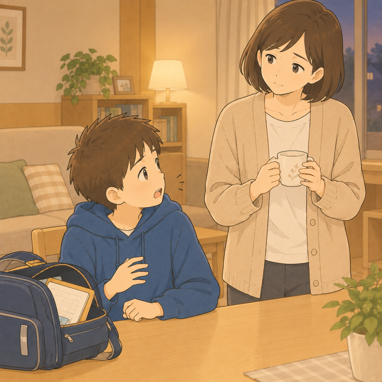「やった」と答える男の子。カバンには終わっていないプリント