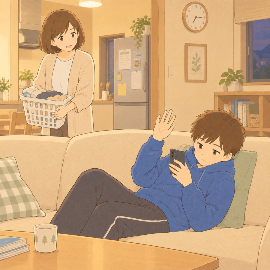 スマホを見ながら手を上げて返事をする中学生と話しかける母親のイラスト