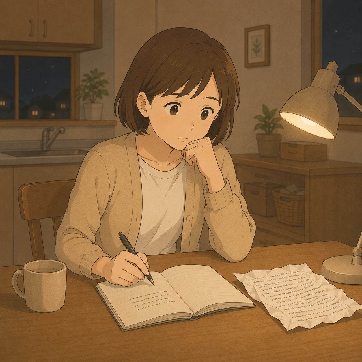 夜のテーブルで連絡帳に短く書く母。脇には書きすぎた紙