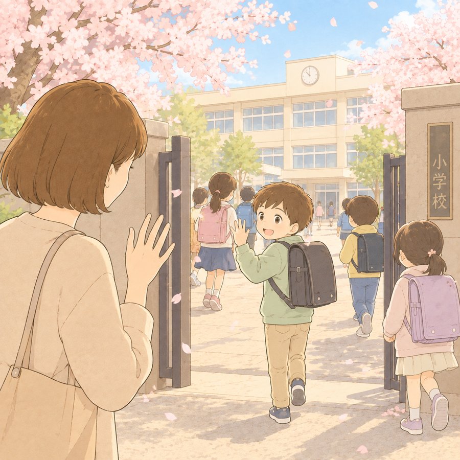 桜の咲く校門で振り返って手を振る男の子と見送る母親のイラスト