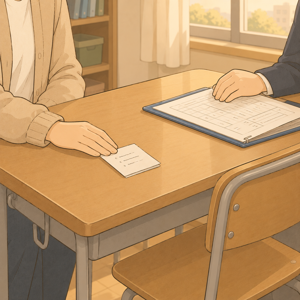 面談の机。母が「紙に3つ」書いたメモを置き、先生が記録ファイルを開いている