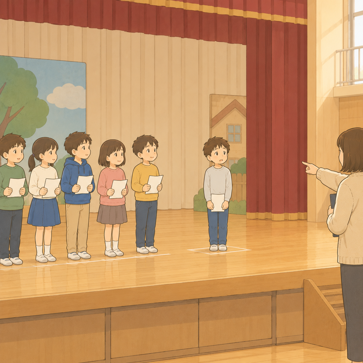 劇の練習で、一人だけ違う場所に立って戸惑う男の子