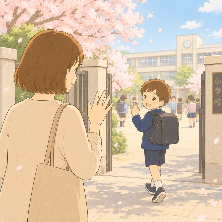 本番の日に保護者席から舞台を見守る母親のイラスト