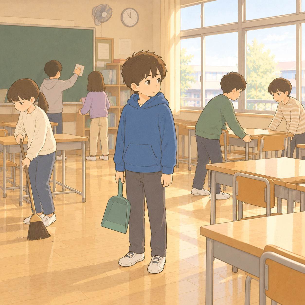 掃除の時間。ちりとりを持ったまま次に何をするか分からない男の子
