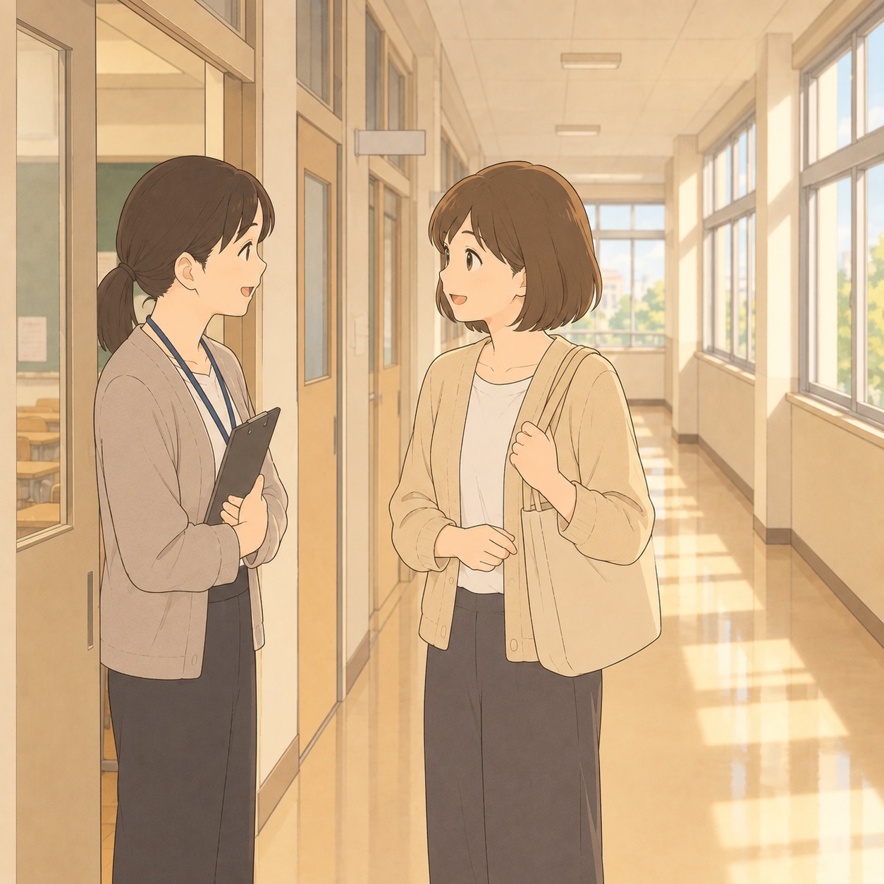 放課後の廊下で担任と立ち話をする母