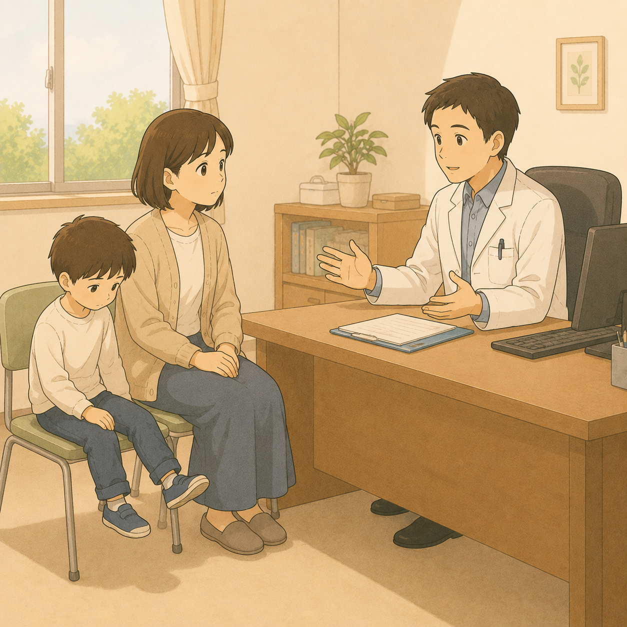 診察室で医師の説明を聞く母と男の子