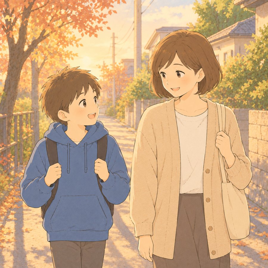 検査の帰り道に母へ報告しながら歩く小学生のイラスト