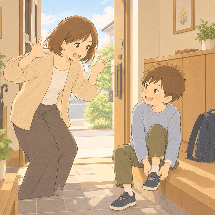 朝の玄関でふざけた声かけをする母と笑って靴を履く子のイラスト