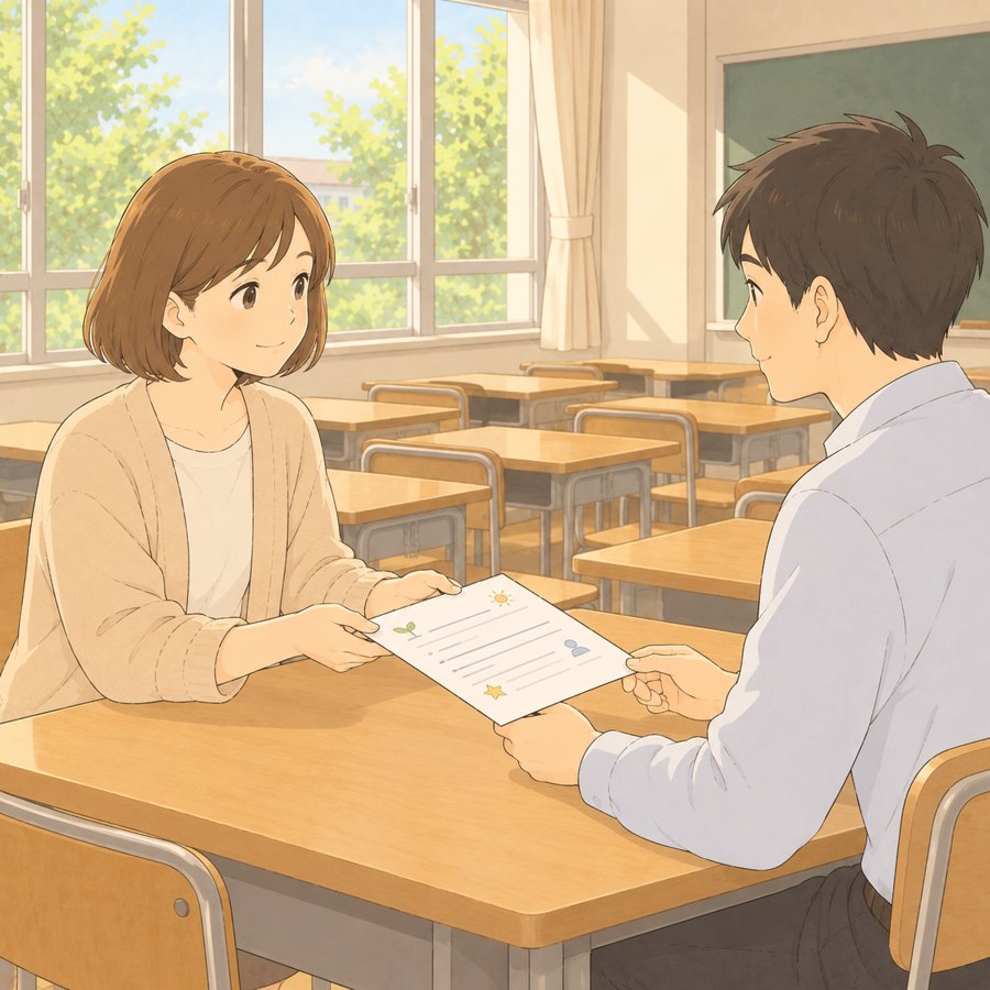 新学年の教室で担任の先生にA4メモを渡す母のイラスト