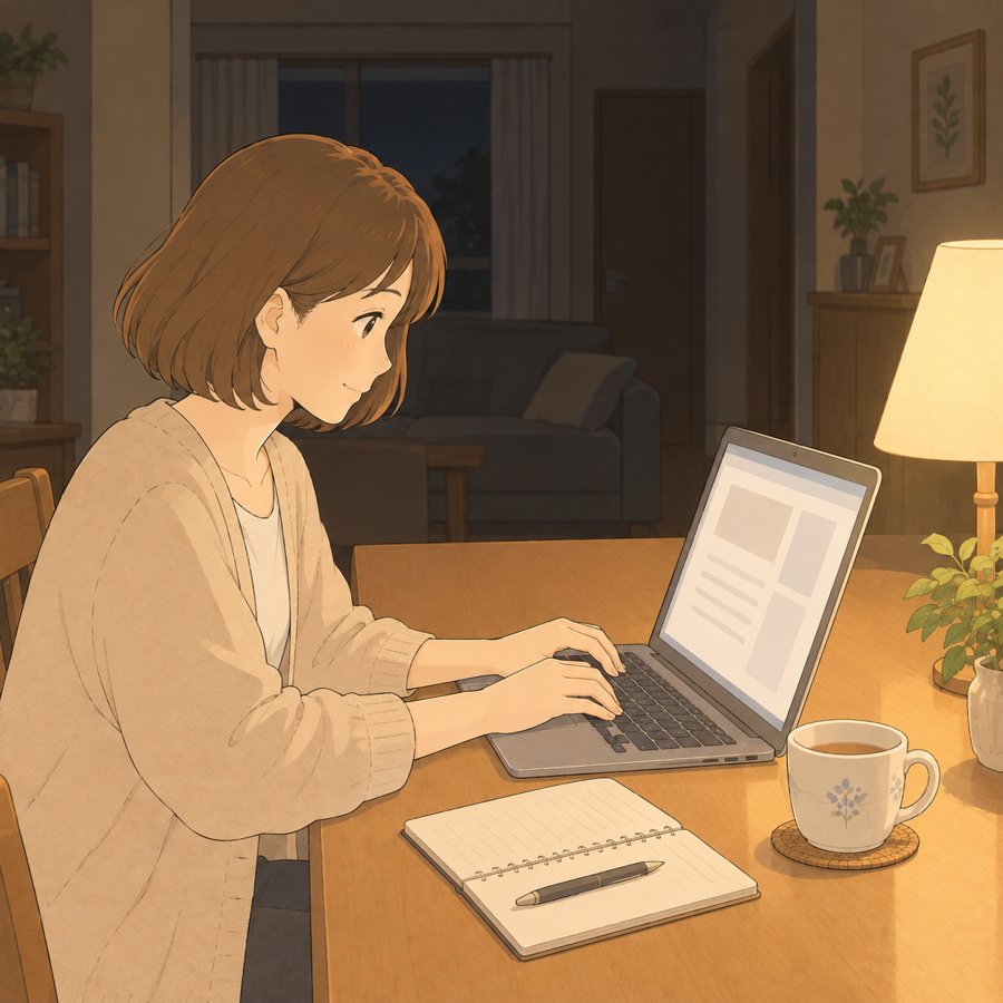 夜の食卓でひとりパソコンに向かって文章を書く母のイラスト