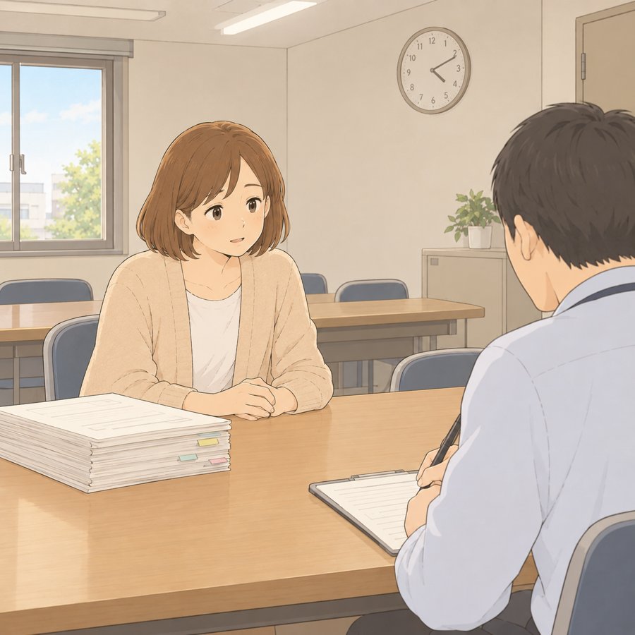 福祉センターの相談室で長い聞き取りを受ける母のイラスト