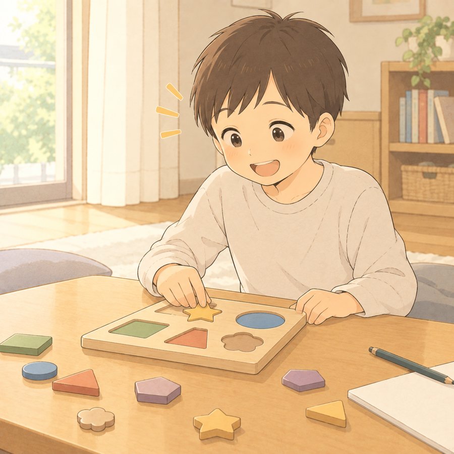 図形パズルが解けてぱっと笑顔になる子どものイラスト