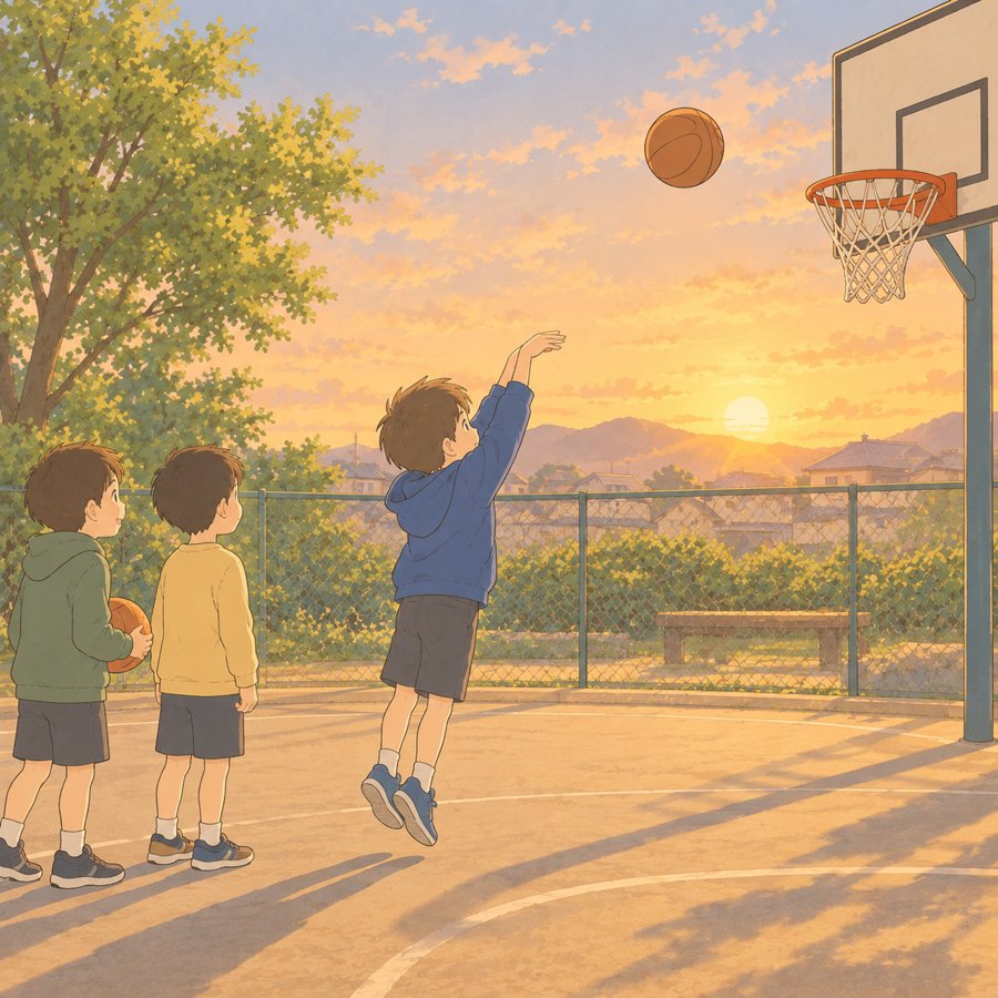 夕方の公園のコートでバスケットボールを楽しむ子どものイラスト