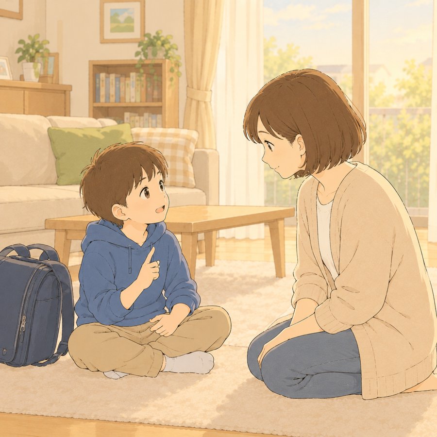 見学の日の放課後に母へ感想を話す小学生のイラスト