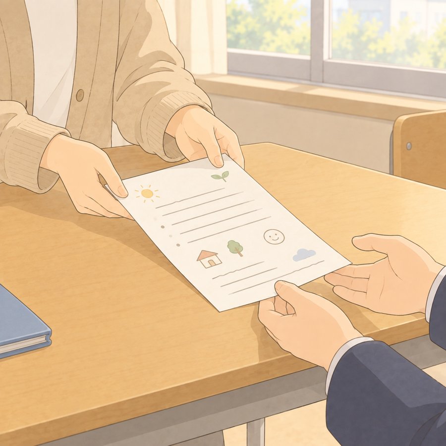 担任の先生にプロフィールシートを渡す母の手元のイラスト