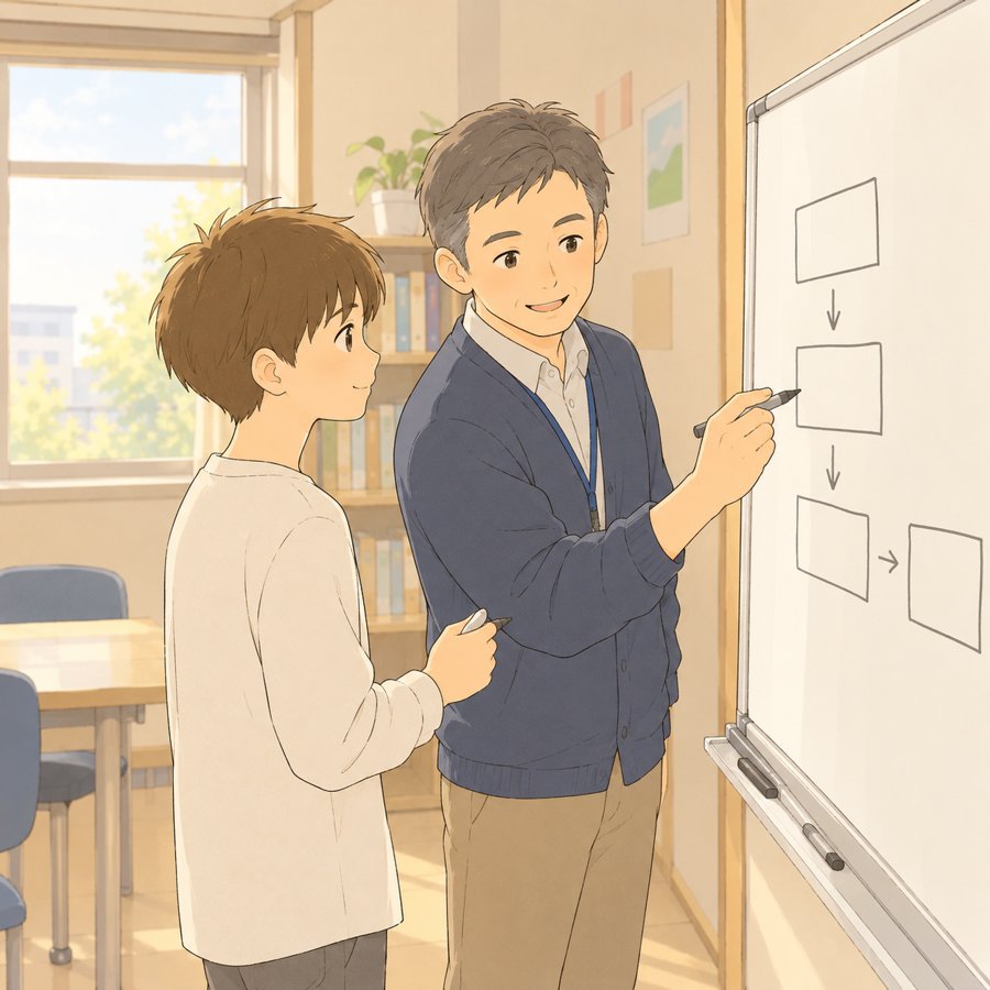 通級の教室で先生と一緒にホワイトボードに予定を書く中学生のイラスト