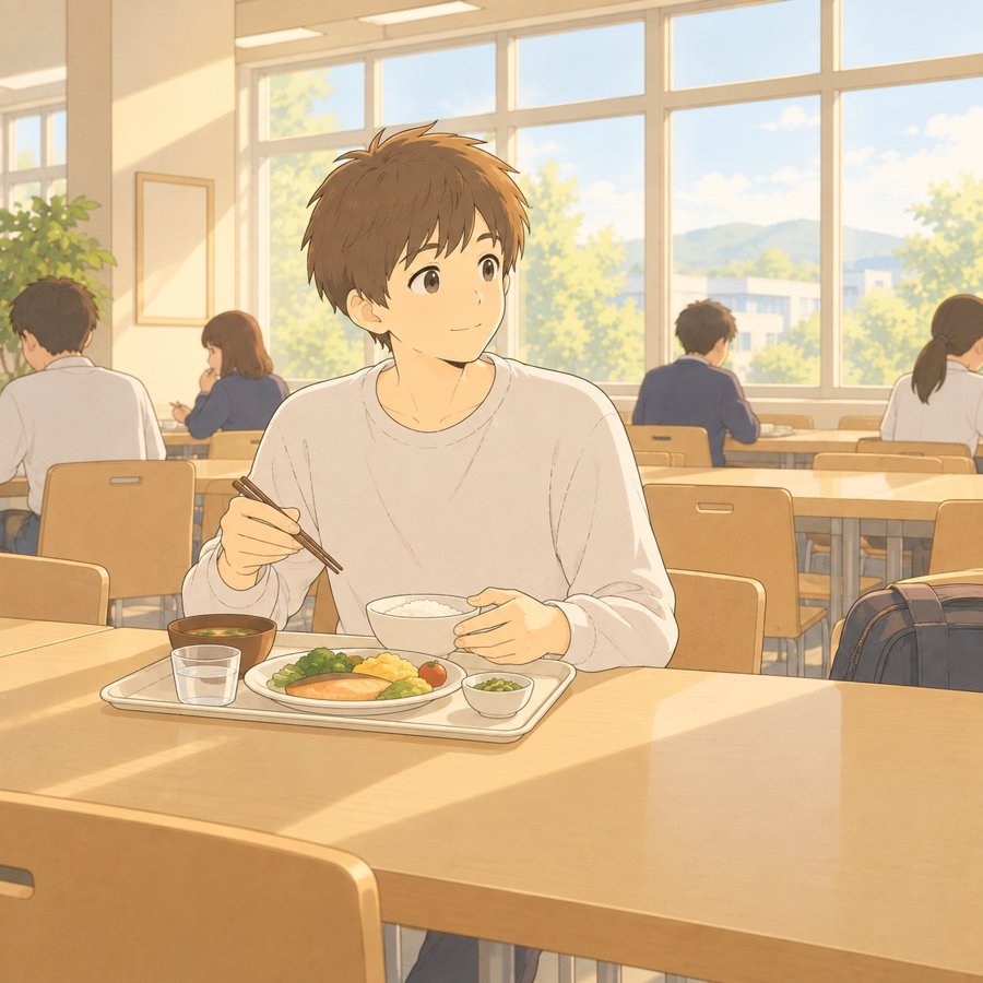 高専の寮の食堂で一人で朝食をとる長男のイラスト