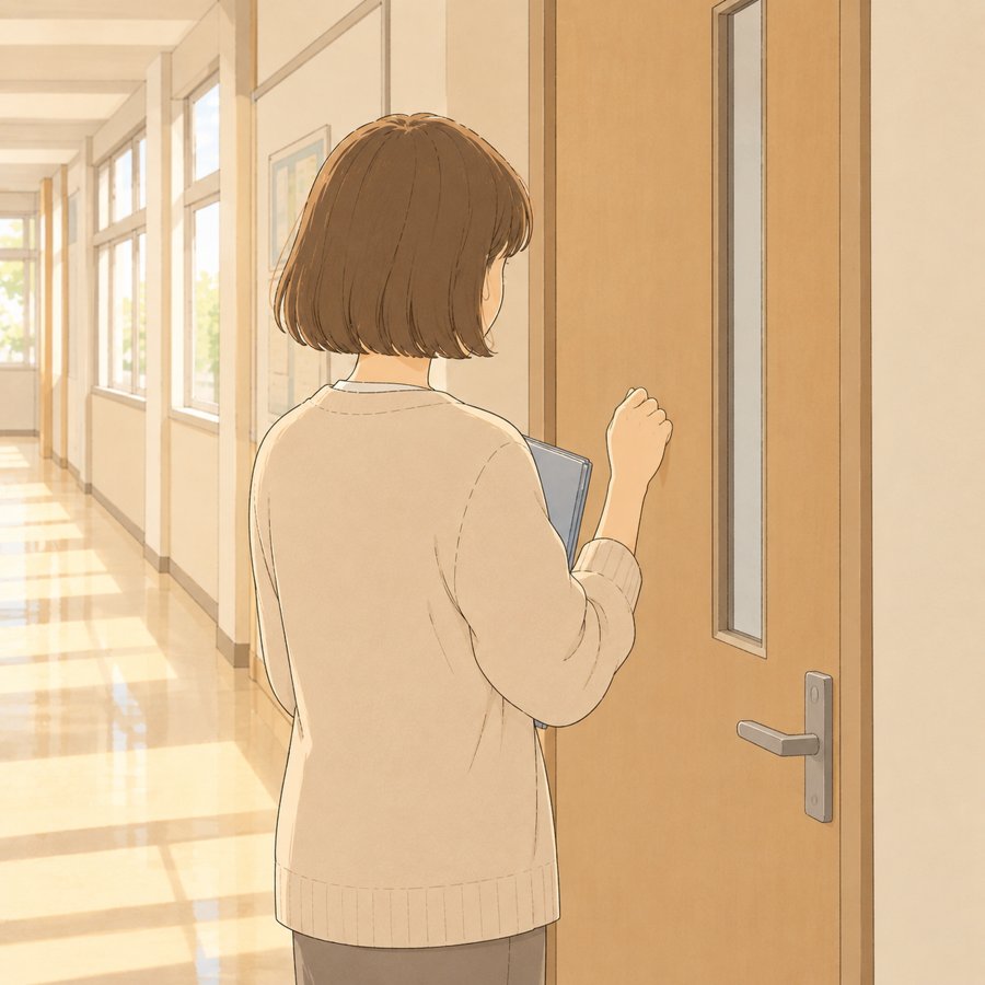 校長室のドアをノックしようとする母の後ろ姿のイラスト