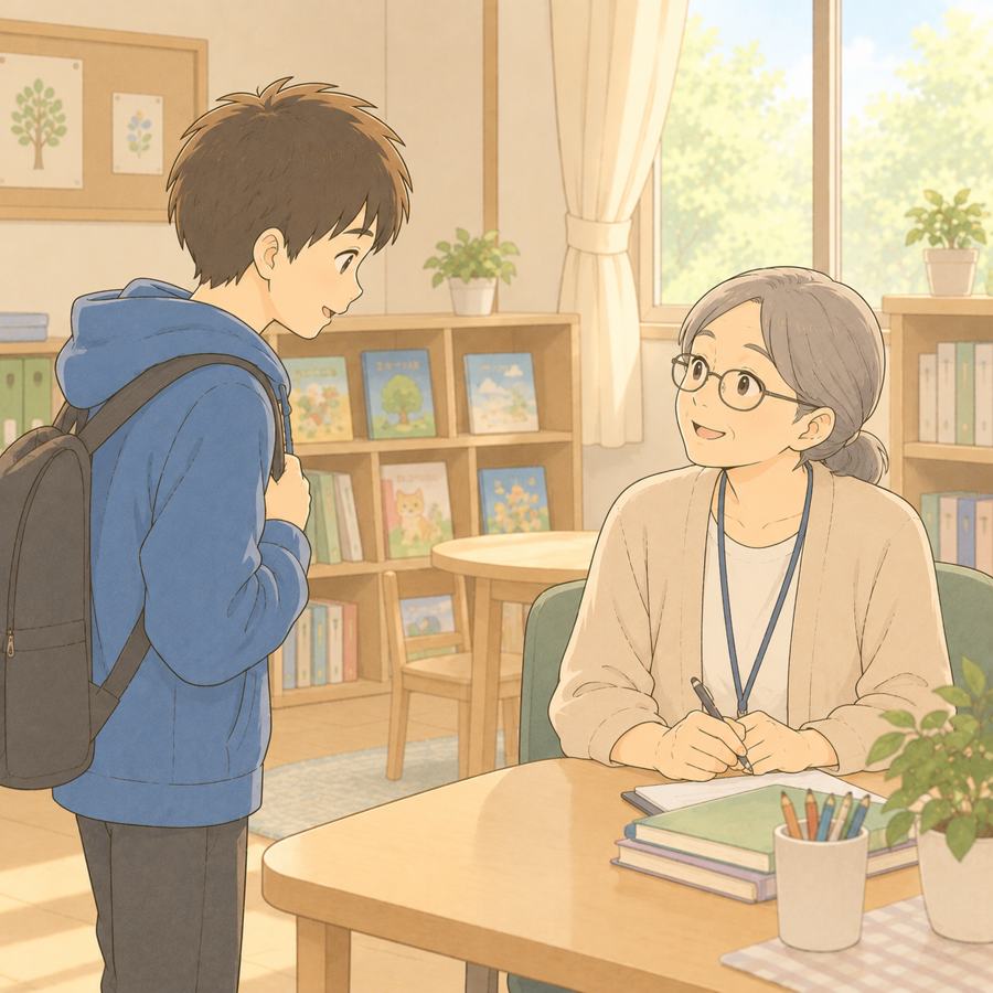 支援の先生に自分から話しかける小学生のイラスト
