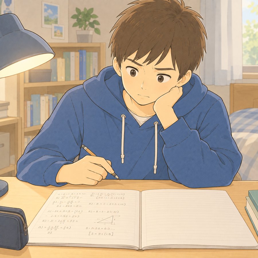 計算は解けたのに文章題で止まる中学生のイラスト