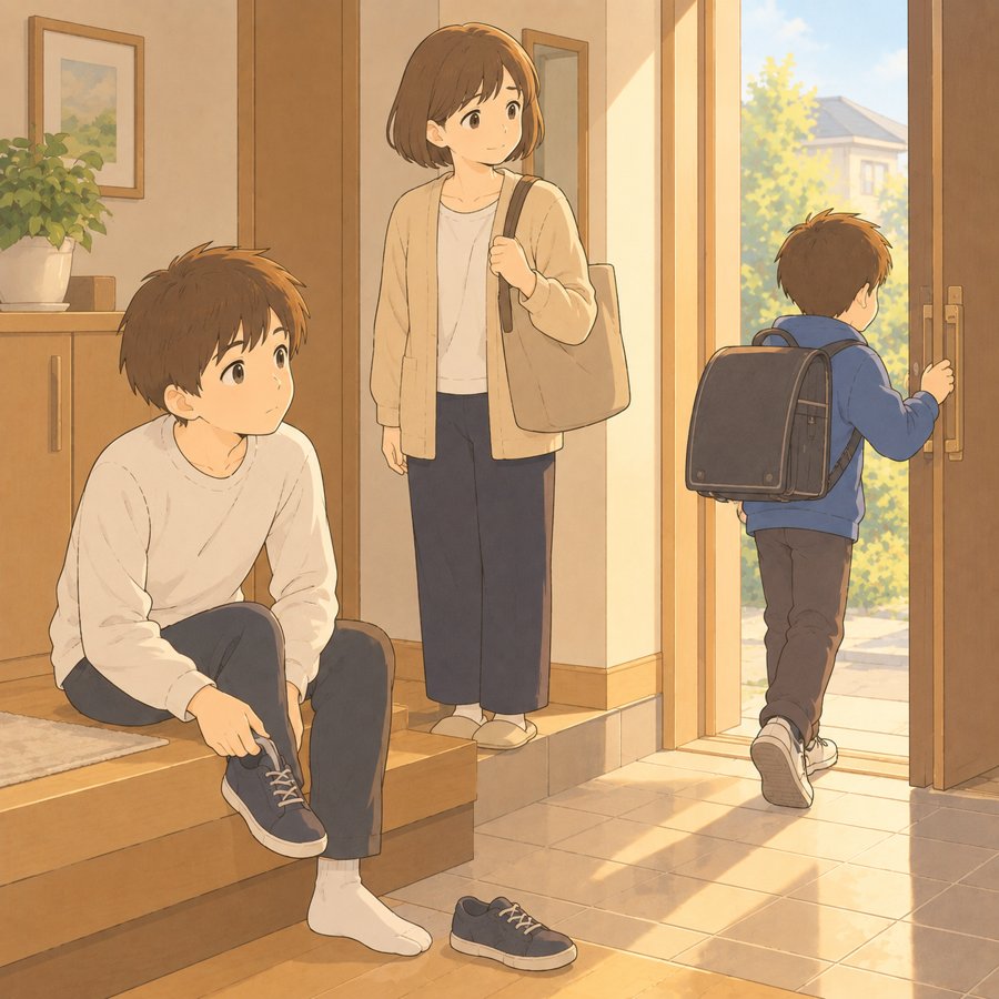 同じ声かけに兄弟で反応が違う朝の玄関のイラスト