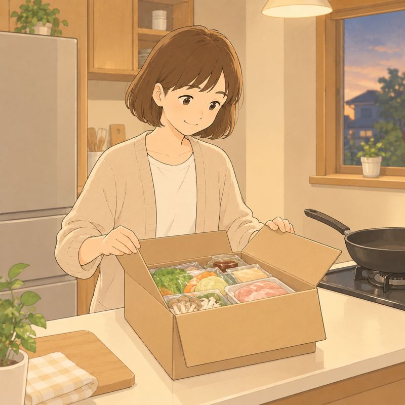 ミールキットの箱を開けてほっとする母のイラスト