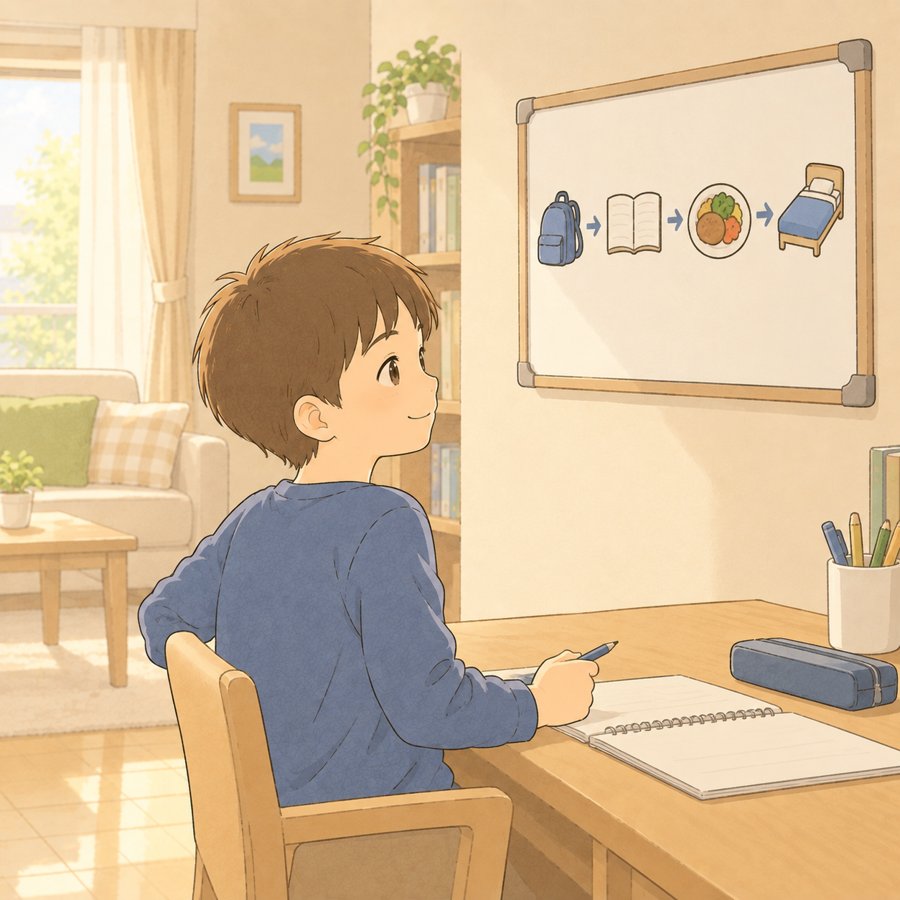 ホワイトボードの絵の予定を見て次の作業に取りかかる小学生のイラスト