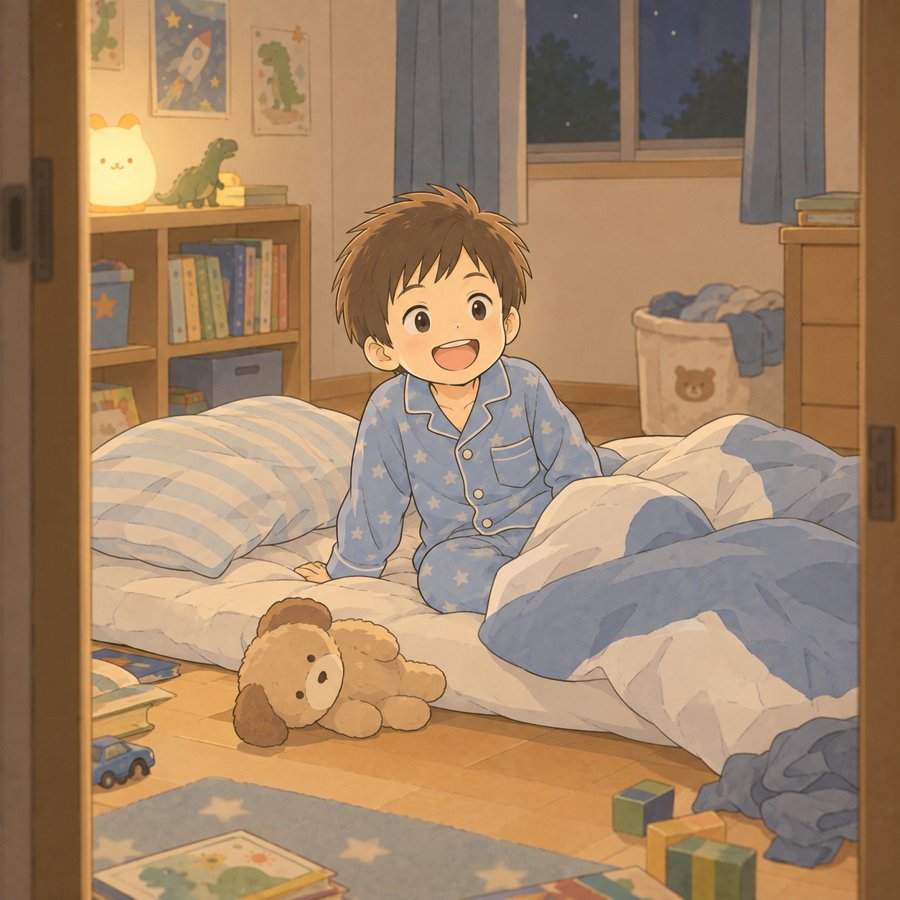 夜の子ども部屋で布団に座って笑う幼児のイラスト