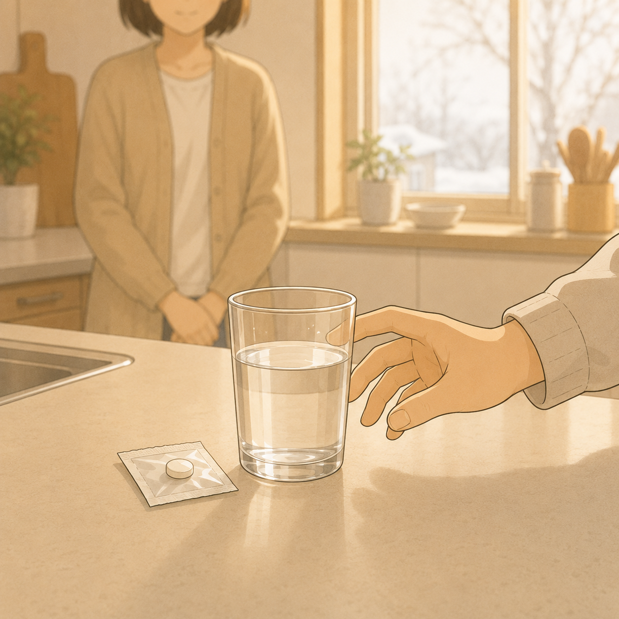 冬の朝のキッチン。薬と水を自分で取る手