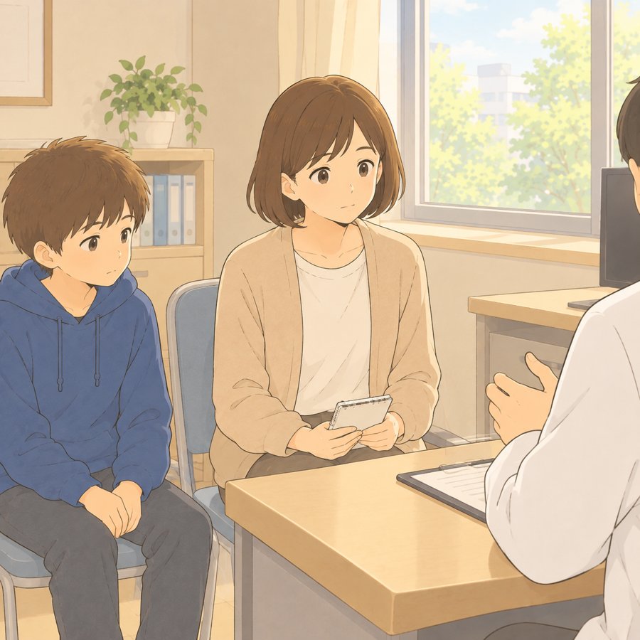 診察室で医師に相談する母と子のイラスト