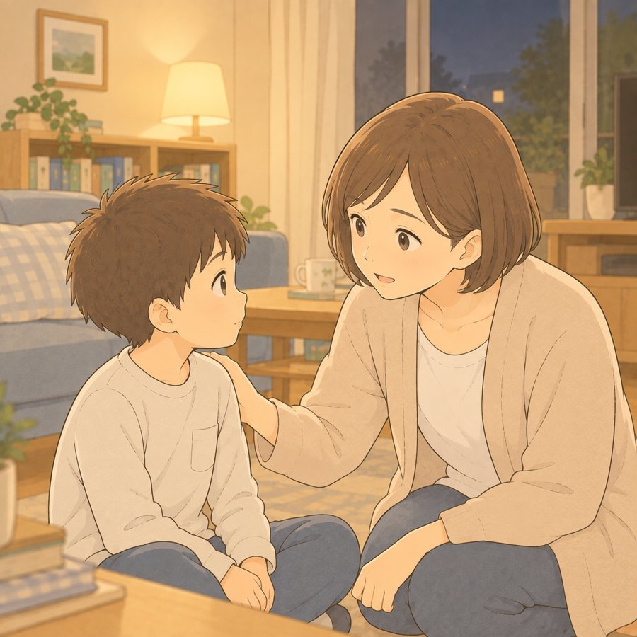 目線を合わせて子どもに穏やかに話す母のイラスト