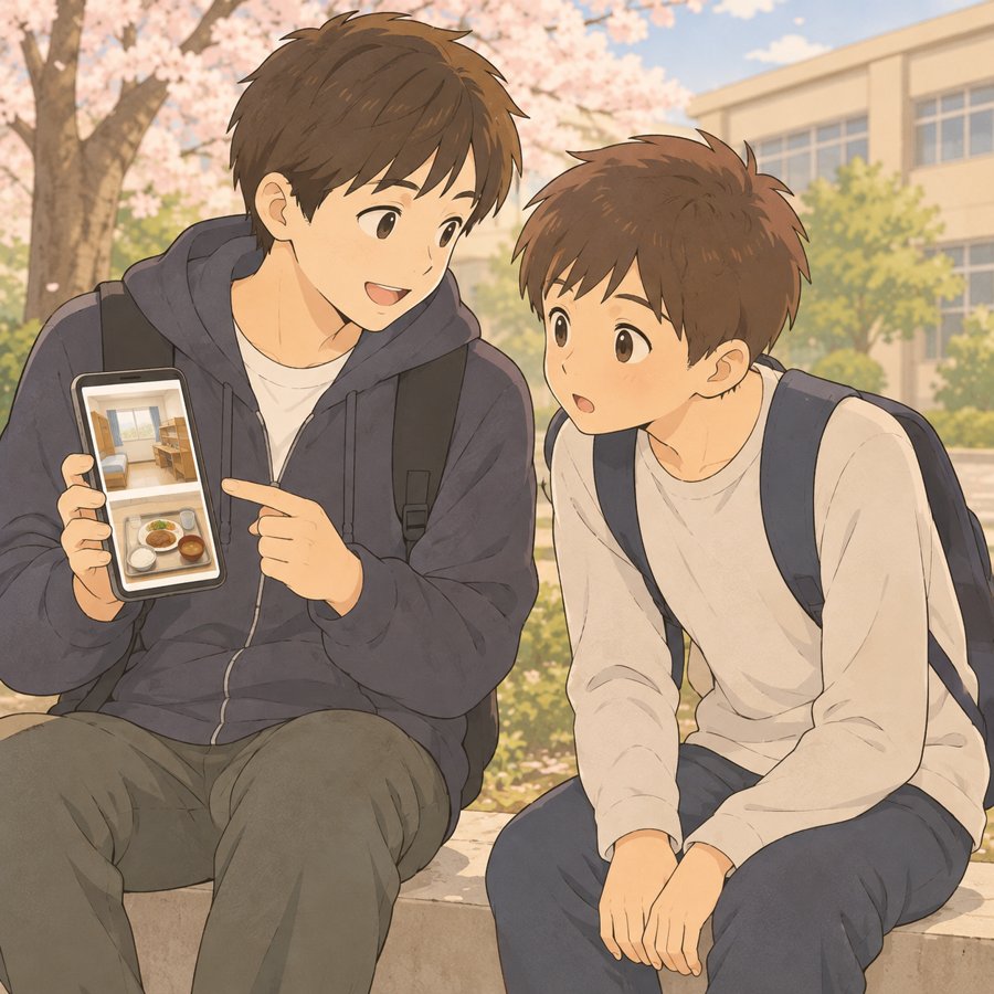 春の日、1つ上の友達がスマホで寮の部屋と食堂の写真を見せ、のぞきこむ中学生