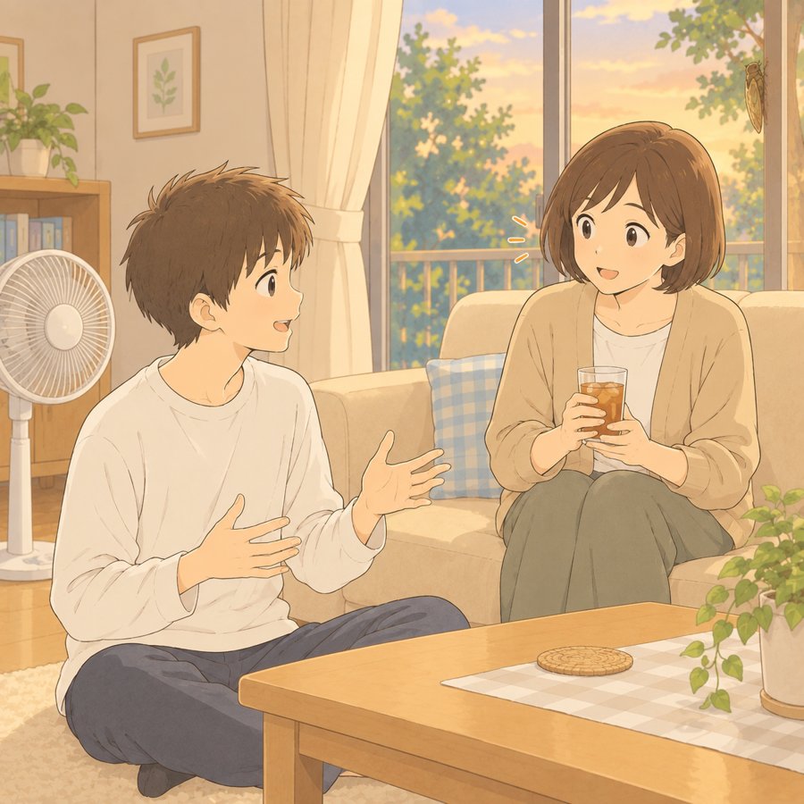 夏に帰省して授業の話をする高専生と聞く母のイラスト
