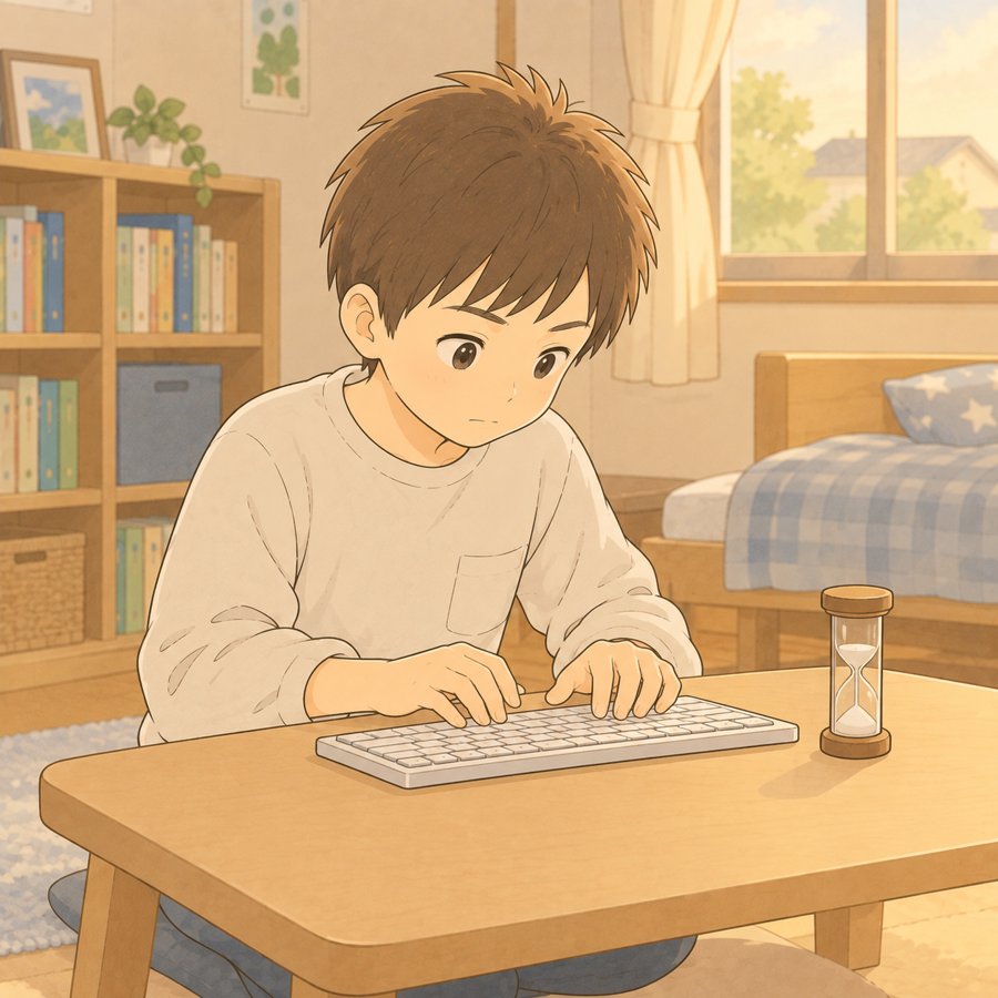 砂時計を置いてタイピングを練習する小学生のイラスト