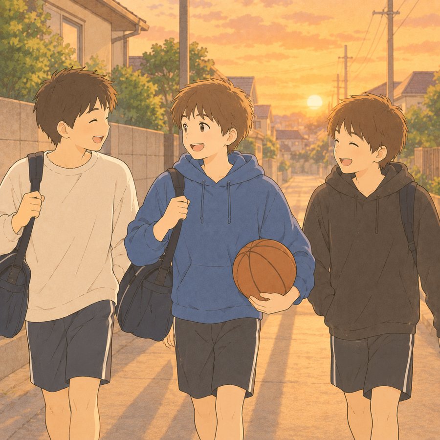 部活のあとチームメートと笑いながら帰る中学生のイラスト
