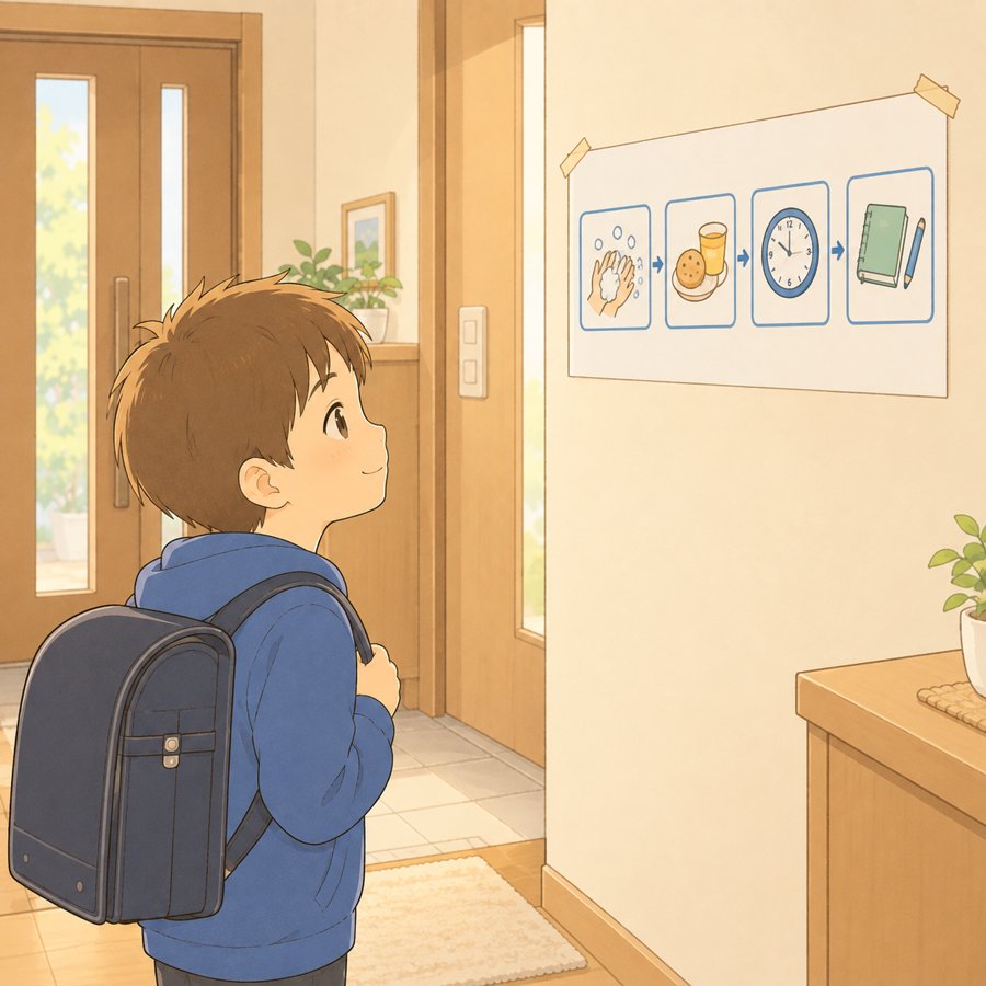 玄関に貼った帰宅後の流れの絵カードを見上げる男の子のイラスト