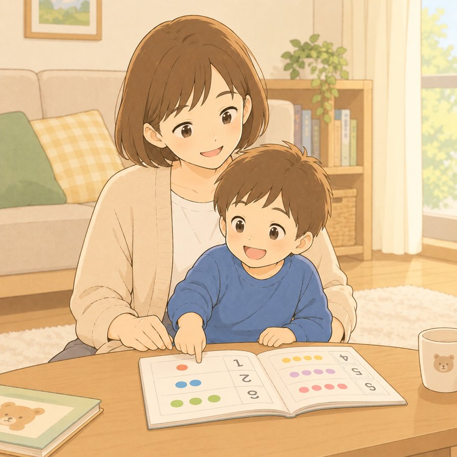 母の膝に座って数のドリルを指さす幼児のイラスト