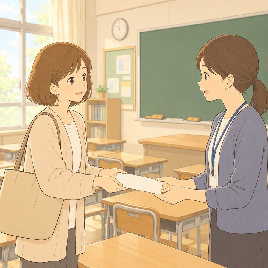 放課後の教室で先生にメモを手渡す母親のイラスト