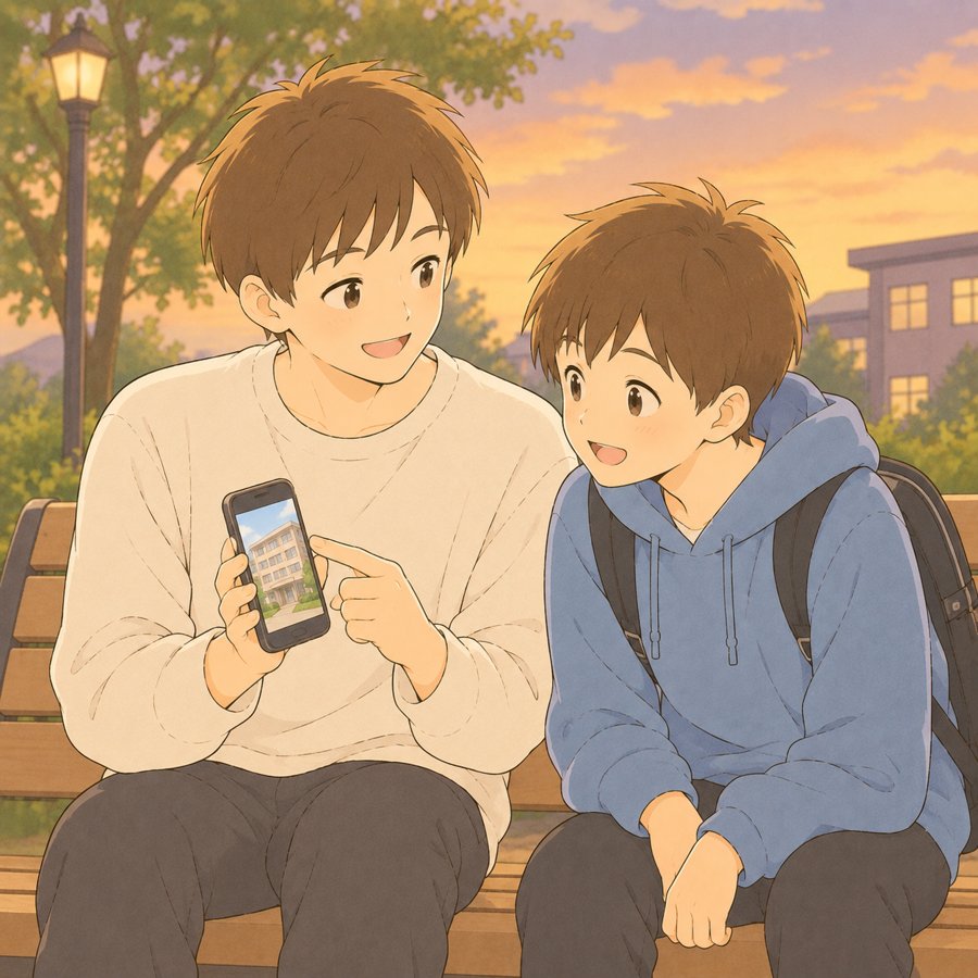年上の友達にスマホで寮の写真を見せてもらう男の子のイラスト