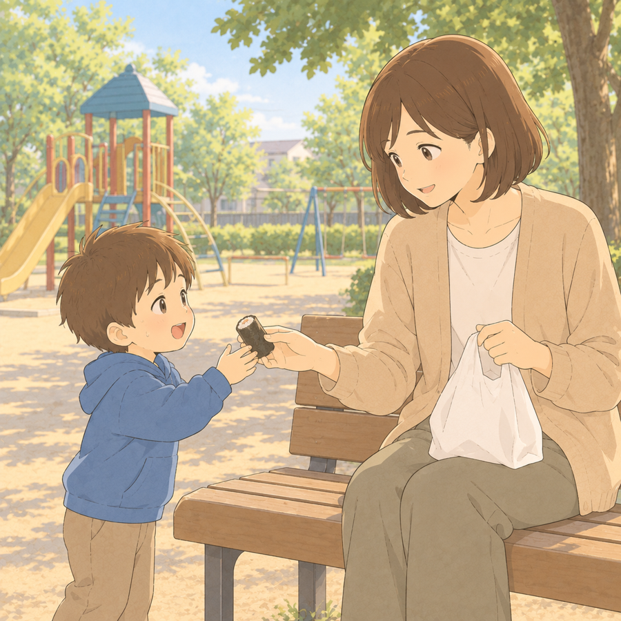公園のベンチで母から納豆巻きを受け取る幼児のイラスト