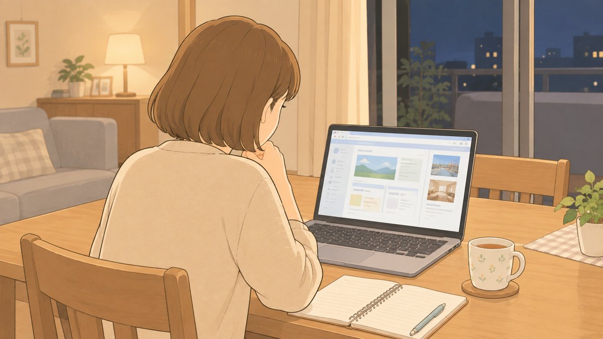 夜の食卓でノートパソコンを見ながら英会話教室を比べて調べる母親のイラスト