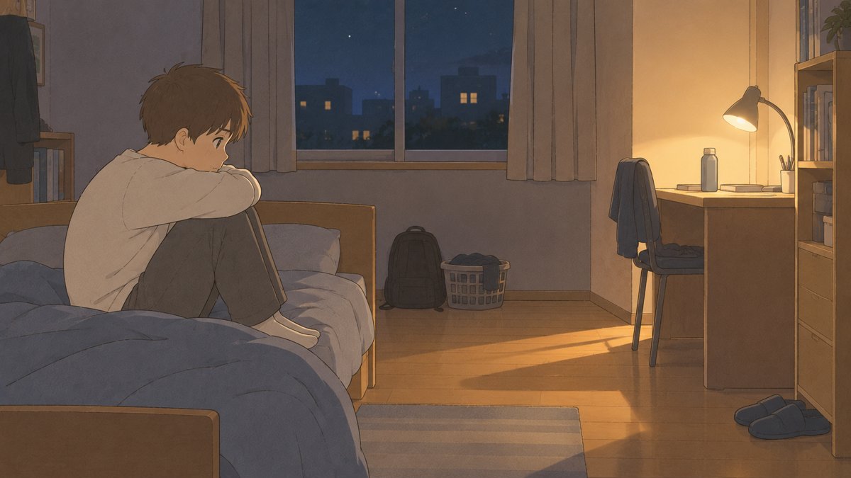 夜の寮の部屋でベッドの上で膝を抱える高専生の男の子のイラスト