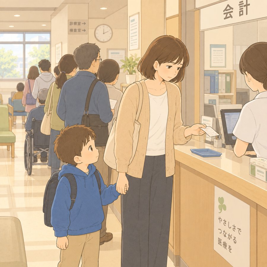 病院の会計で支払いをする母親と手をつなぐ男の子のイラスト