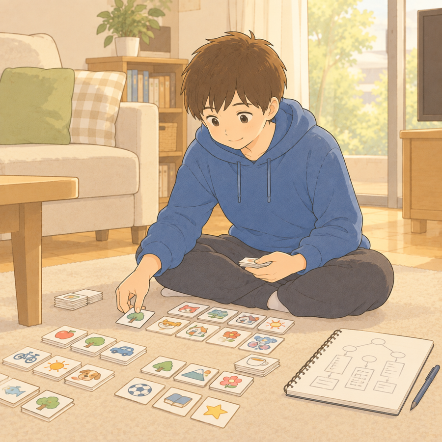 床でたくさんの絵カードをきれいに分類する中学生のイラスト