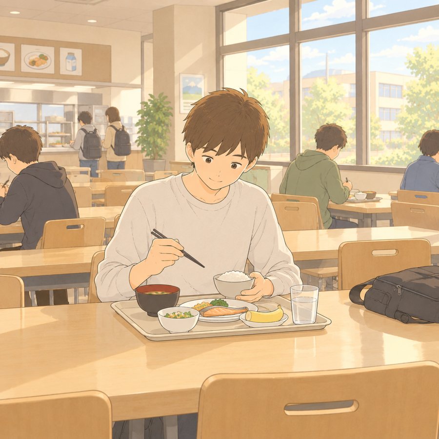 寮の食堂でひとり朝ごはんを食べる高専生のイラスト