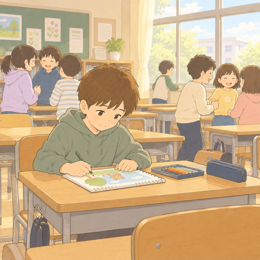 休み時間に自分の席で楽しそうに絵を描く男の子のイラスト