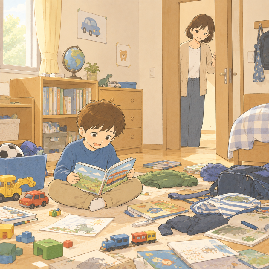 散らかった部屋の真ん中で絵本に夢中な男の子と戸口で苦笑いする母親のイラスト