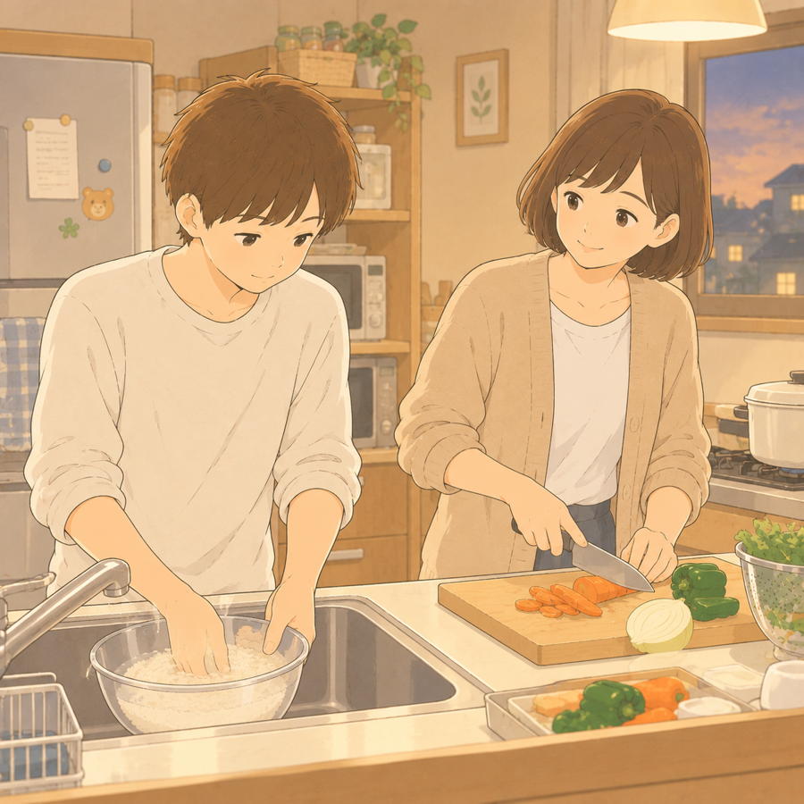 台所で米を研ぐ男の子と隣で野菜を切る母親のイラスト